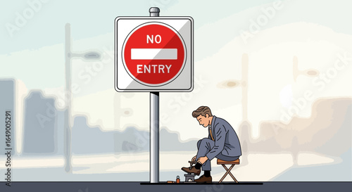 Man Polishing Shoe Beside A No Entry Sign Showing Hard Work Pays Off