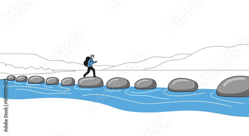 Man Crossing River With Stepping Stones In Mountainous Cartoon Scenery