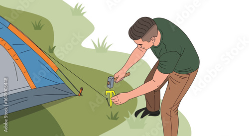 Man Preparing a Tent on an Excursion with a Hammer on a Grassy Hill