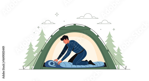 Man Prepares Sleeping Bag Inside Tent For Overnight Camping Adventure