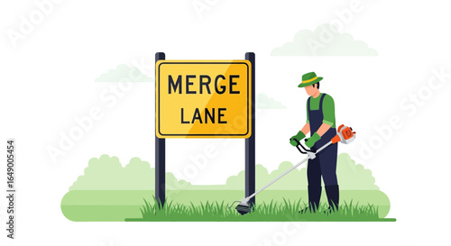 Man Cuts The Grass Near A Road Sign On A Beautiful Sunny Day