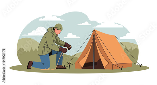 Man Preparing Camping Tent In Nature Landscape, Outdoors Activities Journey