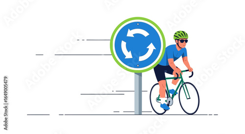 Man Cycling Through a Roundabout Vector Illustration for Road Safety Awareness