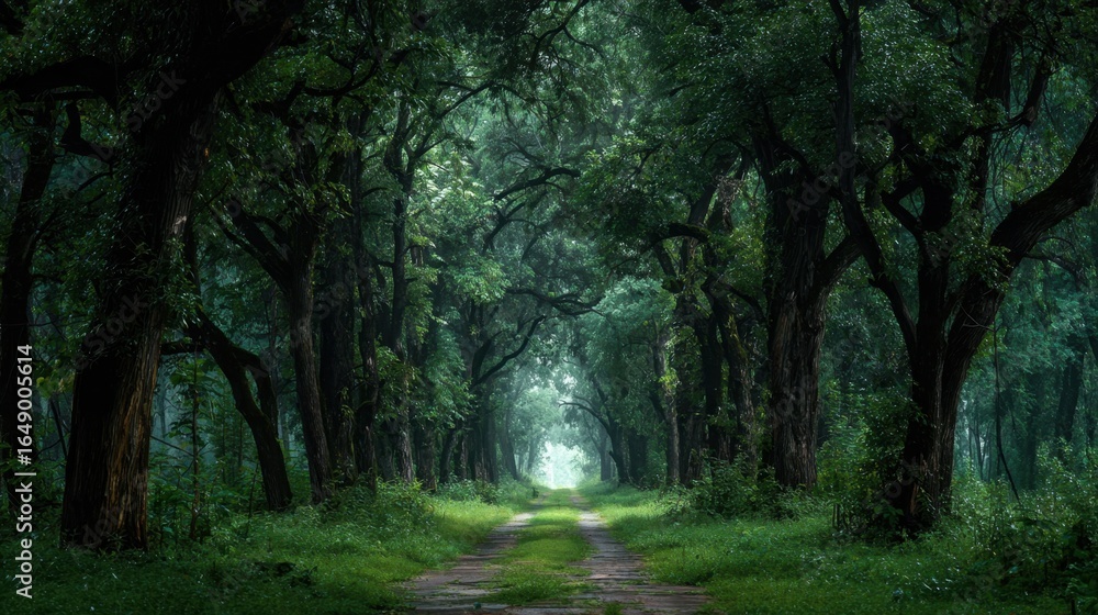 Fototapeta premium A captivating forest scene unfolds, with towering trees framing a pathway that leads towards a luminous, ethereal light, creating a sense of mystery and tranquility within the natural environment.