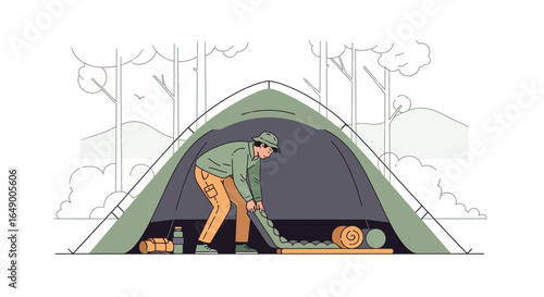 Man Preparing Sleeping Arrangement Inside Tent Amidst Serene Forest Backdrop