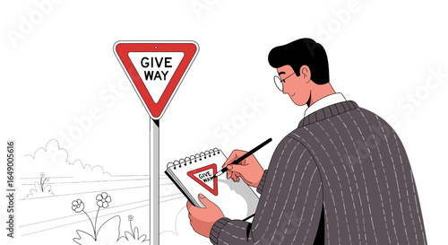 Man Drawing Road Sign Concept of Giving Way and Accepting Other People's Opinion
