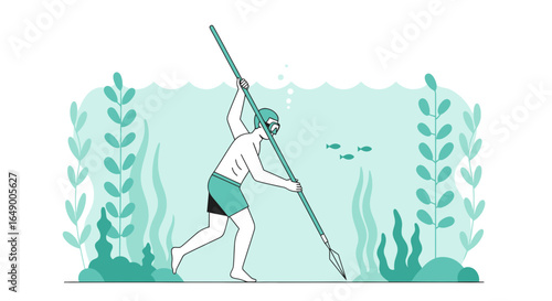 Man Preparing To Spearfish Underwater In Aquatic Environment With Marine Life