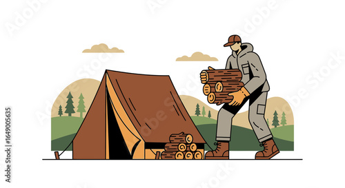 Man Preparing Woodpile At Campsite For A Cozy Camping Adventure