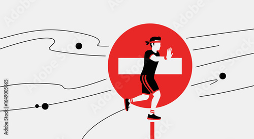 Man Pushing a Stop Sign With a Determinated Expression and Dynamic Lines Illustration
