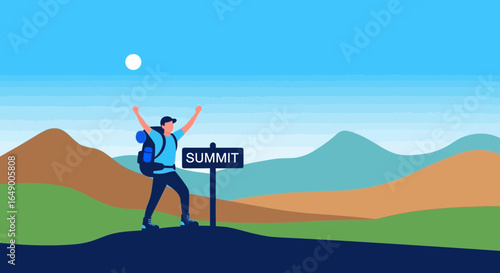 Man Reaching Summit Goal with Backpack and Arms Raised Illustration