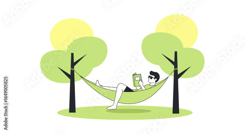Man reading in a hammock between trees enjoying a summer day of leisure and relaxation