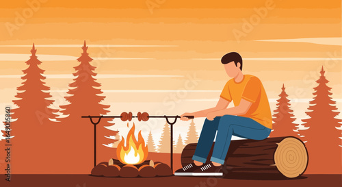 Man Enjoying Campfire Cooking In The Woods During A Peaceful Sunset