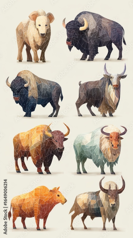 Obraz premium Collection of stylized low-poly animal illustrations showcasing various bison and buffalo types against a neutral background