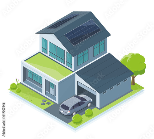isometric Modern eco friendly house with rooftop solar panels green terrace and electric vehicle in sustainable urban environment