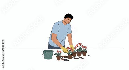 Man tending to vibrant potted flowers, creating a beautiful garden oasis with care and attention to detail