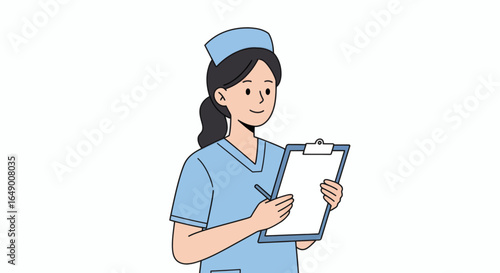 Cheerful nurse in scrubs taking notes with clipboard, ideal for healthcare and medical communication
