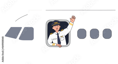 Friendly airplane pilot waving hello from cockpit window ready for takeoff with a smile