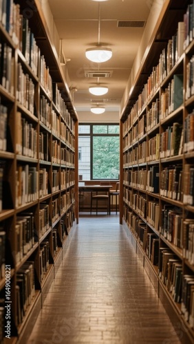 A well-lit library aisle with bookshelves on both sides and a window at the end