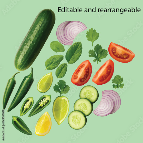 editable Vegetable and Herb Composition Isolated on White Background