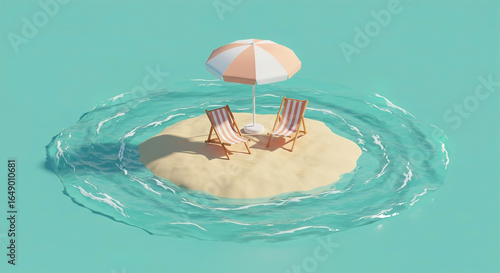 Relaxation spot with beach chairs and umbrella on a small island surrounded by turquoise waters