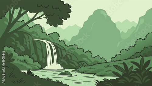Explore the serene beauty of a lush green landscape with waterfall and mountains scenic view vector