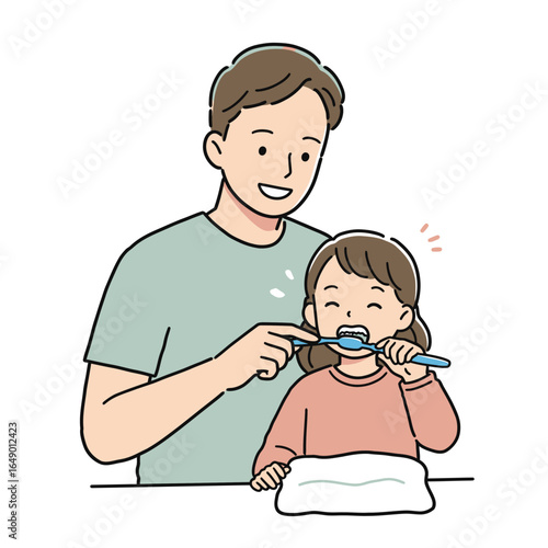 Father assisting daughter with brushing teeth in a cartoon illustration, emphasizing dental hygiene for children and parental involvement in health education