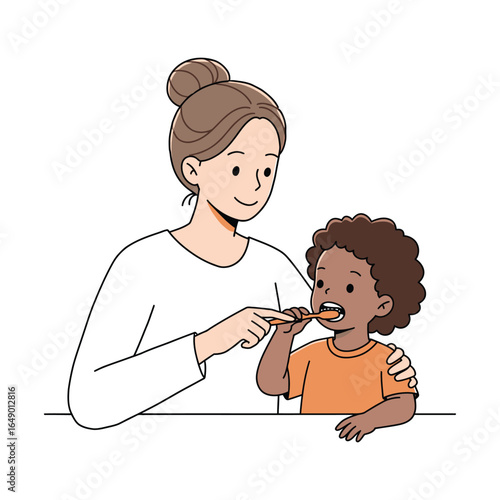Caring mother teaching her young child about oral hygiene, helping him brush his teeth. A concept of daily routine and dental care.