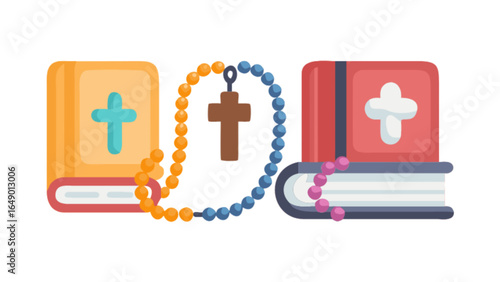 Christian bible study with rosary beads vector illustration for religious education and faith based learning