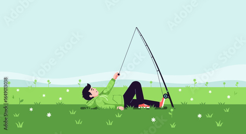 Man Relaxing And Fishing At Nature On A Summer Day Recreation Activity