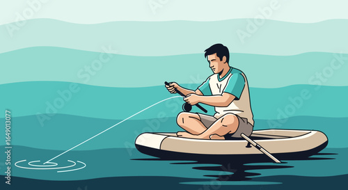Man Relaxing By Fishing From A Dinghy In The Tranquil Water Spot