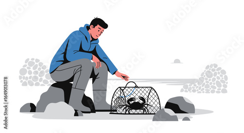 Man Relaxing By The Shore After Catching Crab In Trap On Sandy Coastline