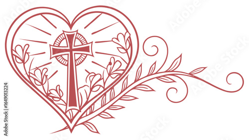 Christian cross heart floral design vector illustration for religious and spiritual themes artwork use