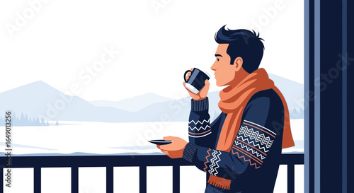 Man Relaxing With Hot Drink Enjoying Winter Scenery From Balcony View