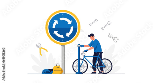Man Repairing Bicycle at Public Repair Station With Tools Availability Place