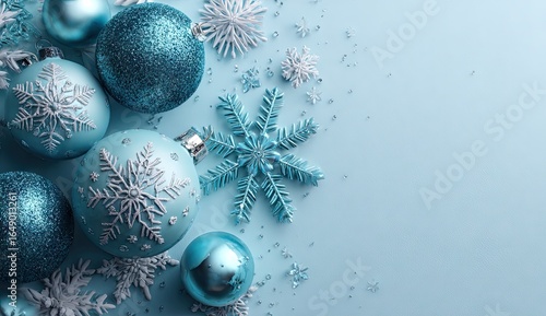 Festive light blue Christmas ornaments and snowflakes on a pale blue background