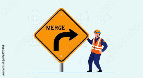 Merge Road Ahead Warning Sign Symbolizing Traffic Safety with Construction Worker