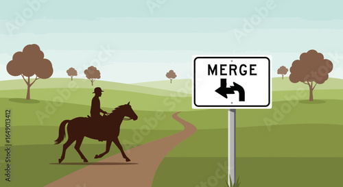 Merge Sign And Horse Rider On Path In Idyllic Countryside Landscape