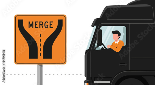 Merge Sign And Commercial Vehicle On The Road Representing Traffic Safety