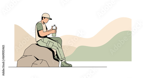 Man Resting And Hydrating During Outdoor Adventure In Nature Environment