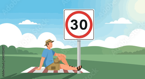 Man Resting Next To 30 Speed Limit Sign In a Peaceful Landscape