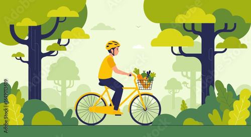 Man Riding Bike In Nature Carrying A Basket Of Fresh Harvested Vegetables