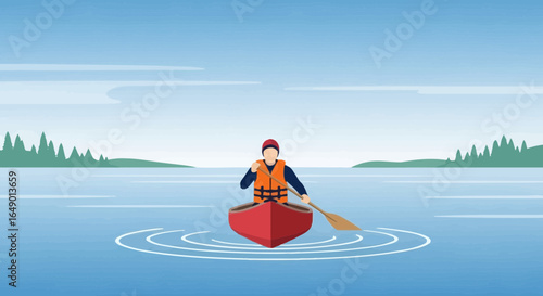 Man Rowing On Lake In Canoe Enjoying Nature And Outdoor Adventure