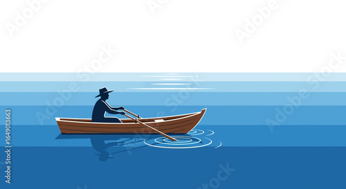 Man Rowing Small Boat At Sea In Serene Minimalist Style Illustration