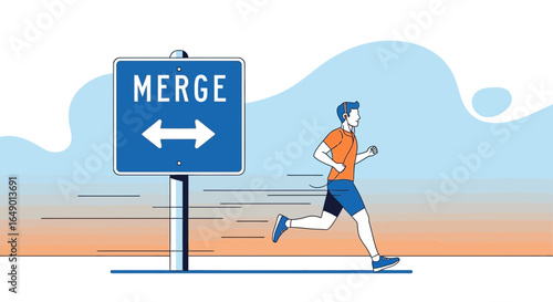 Man Running Beside Merge Sign Illustrating Decisions in Life and Career