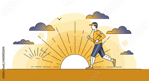 Man running at sunrise illustration showcases fitness and healthy lifestyle morning exercise routine for well being