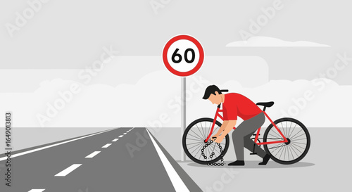 Man Securing Bicycle With Chain Lock Next To The Speed Limit Sign