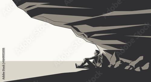 Man Seeks Solitude Meditating Underneath Rock Cliff In Peaceful Nature Setting
