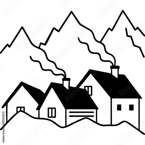 "Foggy mountain village with wooden houses, chimneys smoking, early morning light, no humans"