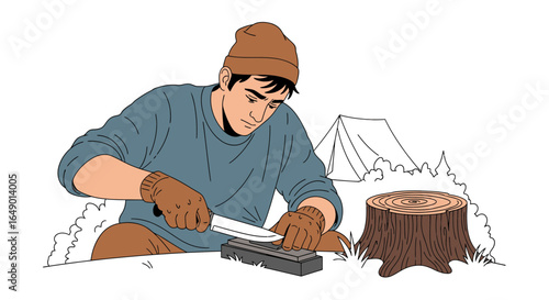 Man Sharpening His Knife During A Camping Trip In The Wilderness Setting