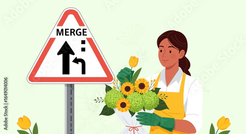 Merging Talents Woman With Flowers Near Merge Sign Illustration